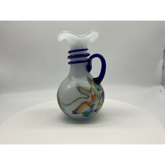 Murano Style Hand Blown Glass Pitcher With Cobalt Blue Rope And Handle Vintage - Picture 12 of 16